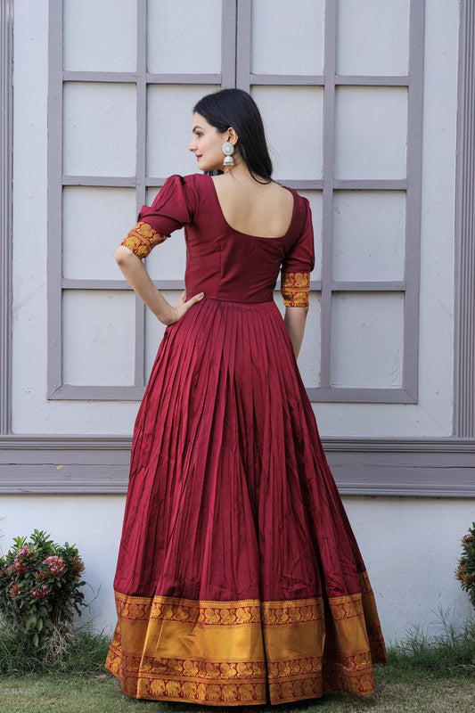 Women's Maroon Silk Jacquard Woven Festive Anarkali Dress