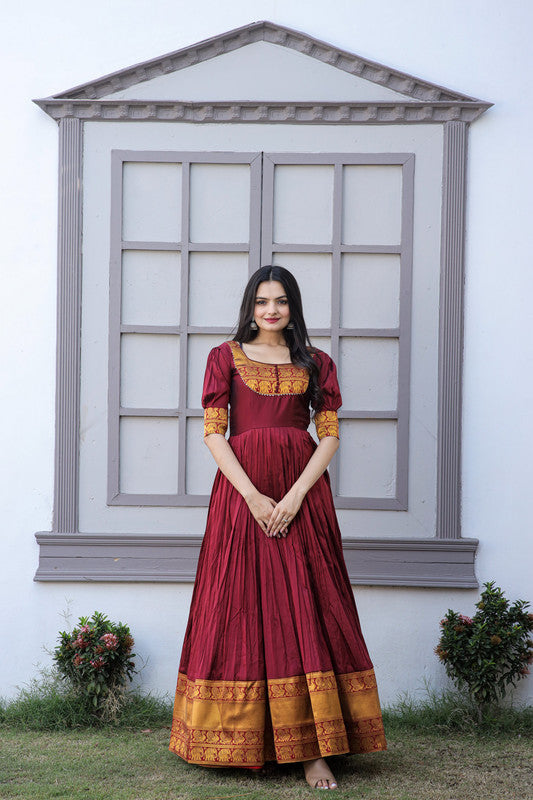 Maroon silk jacquard festive Anarkali dress with 56-inch length