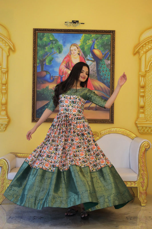 Women's Green Soft Silk Patola Print Jacquard Anarkali Dress