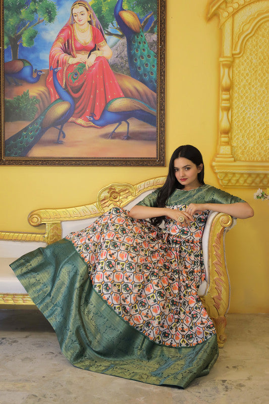 Women's Green Soft Silk Patola Print Jacquard Anarkali Dress