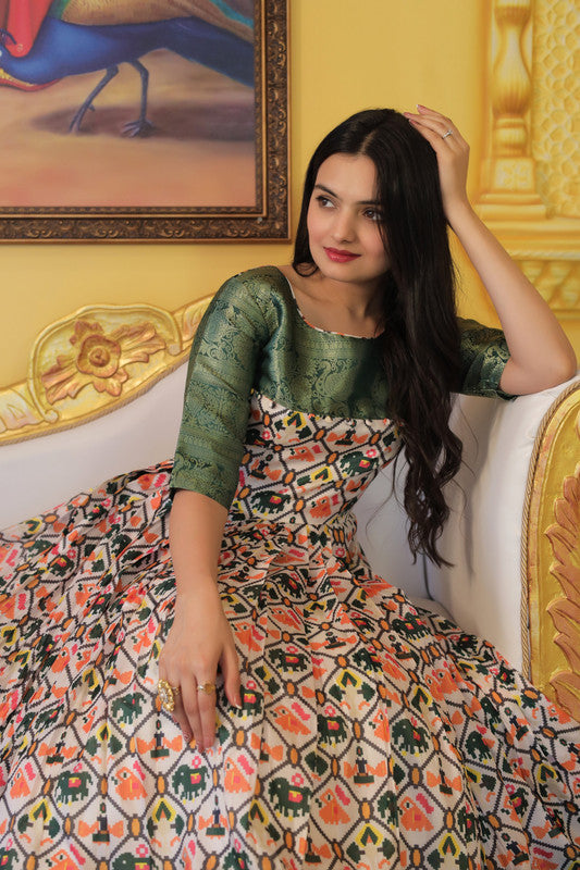 Women's Green Soft Silk Patola Print Jacquard Anarkali Dress