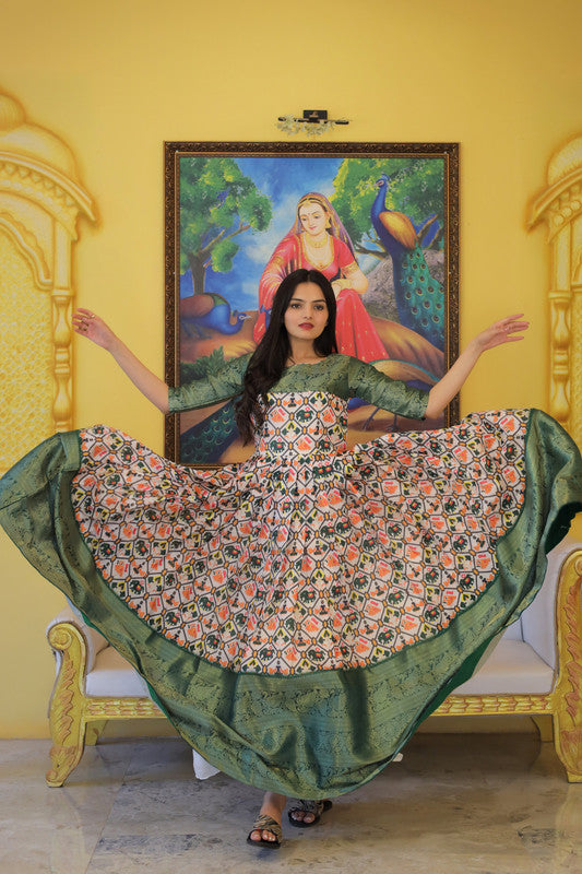 Green soft silk Anarkali dress with Patola print and jacquard weaving