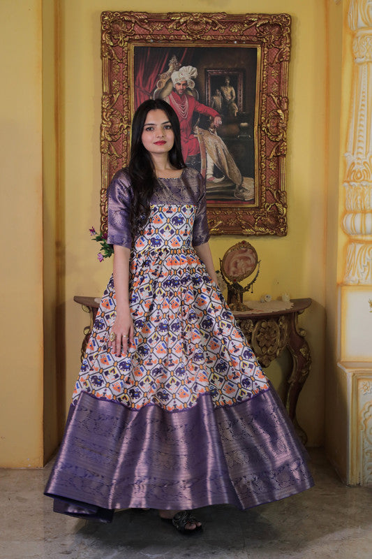 Wine Soft Silk Patola Print Anarkali Dress with Jacquard Weaving