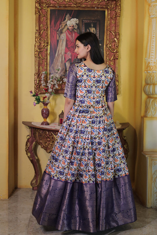 Wine Soft Silk Patola Print Anarkali Dress with Jacquard Weaving