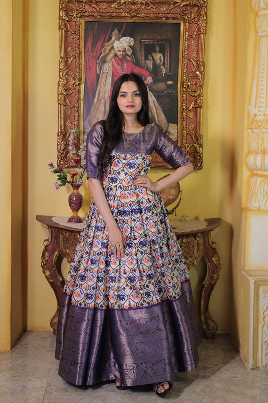 Wine soft silk Anarkali dress featuring Patola print and jacquard weaving