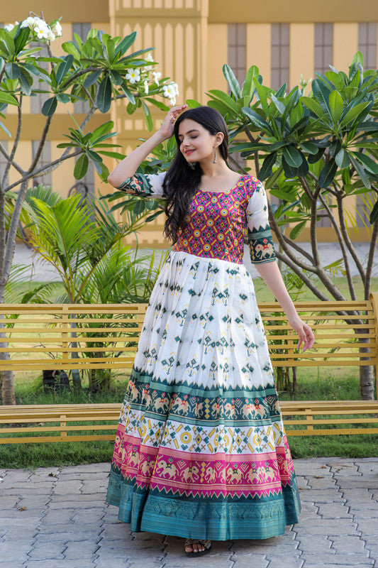 Multicolor Patola silk Anarkali dress with geometric Jacquard weaving