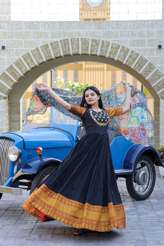 Women's Black Silk Jacquard Anarkali Dress with Embroidery