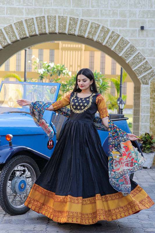 Women's Black Silk Jacquard Anarkali Dress with Embroidery