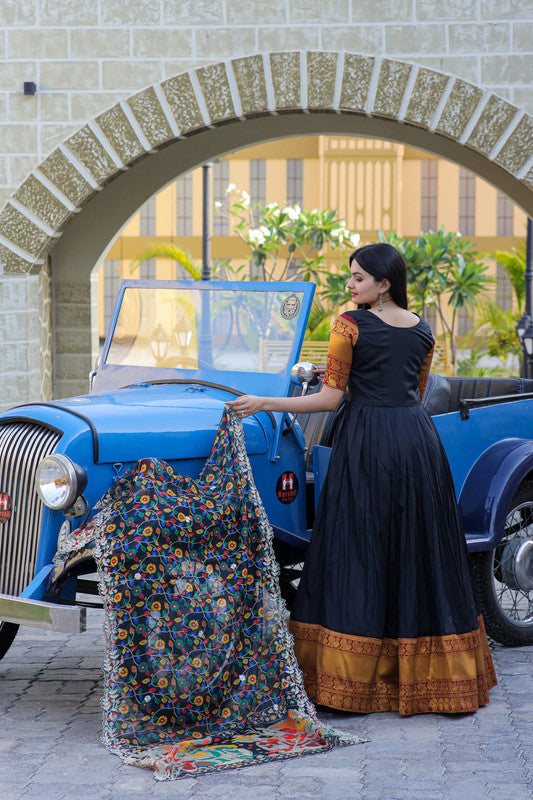 Women's Black Silk Jacquard Anarkali Dress with Embroidery