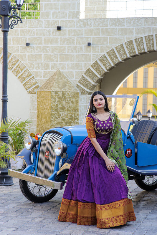 Jyoti Fashion Women's Purple Silk Jacquard Weaving with Embroidery Work Anarkali Dress with Dupatta