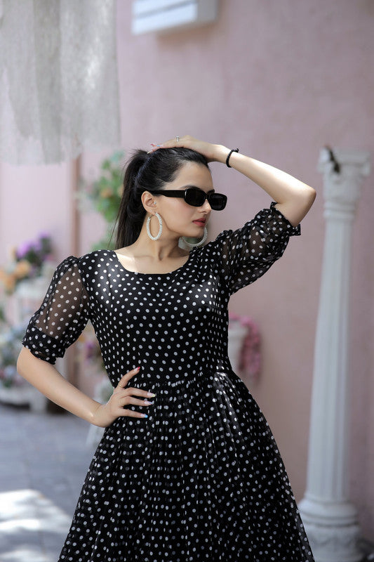 Women's Black Faux Georgette Printed Festive Anarkali Dress
