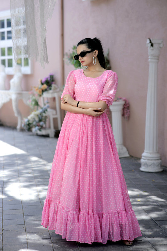 Women's Pink Faux Georgette Printed Festive Anarkali Dress