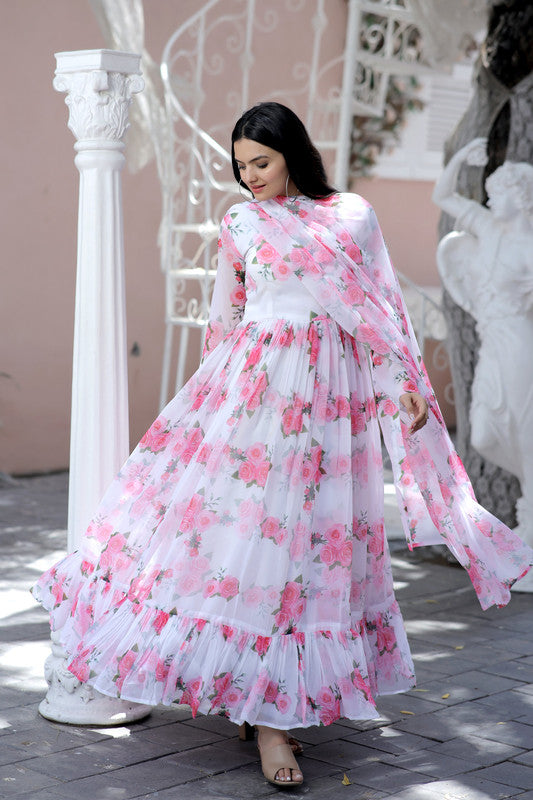 Women's Pink Floral Digital Print Faux Georgette Anarkali Dress