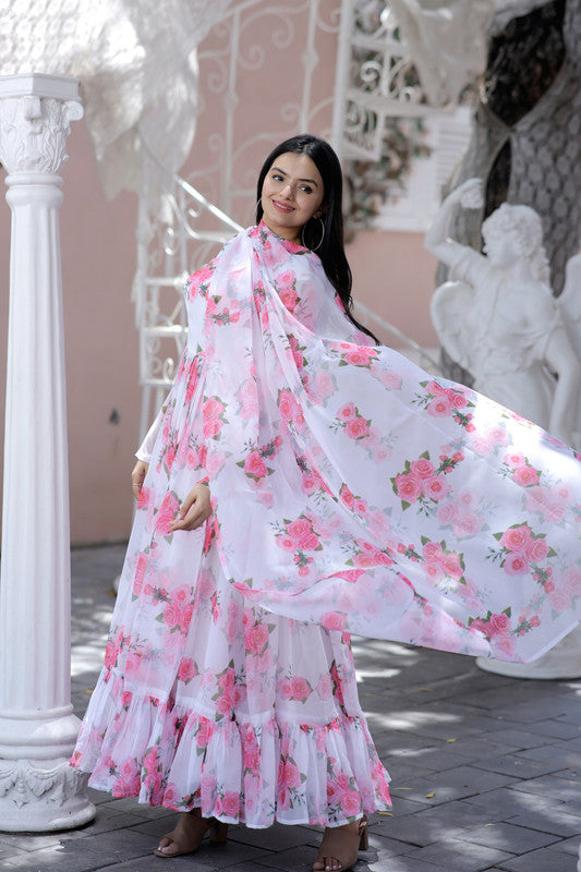 Women's Pink Floral Digital Print Faux Georgette Anarkali Dress