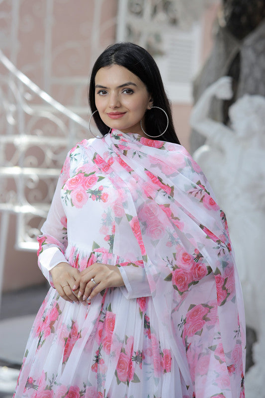 Women's Pink Floral Digital Print Faux Georgette Anarkali Dress