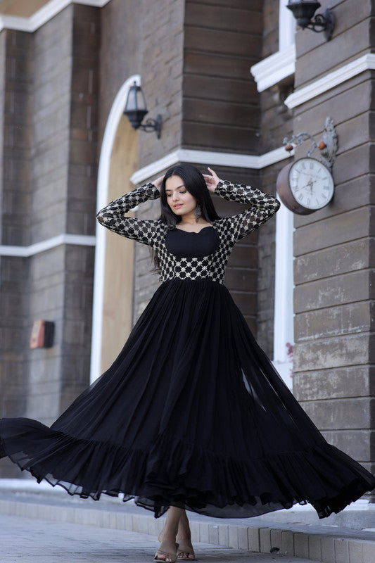 Jyoti Fashion Women's Black Faux Blooming Sequins with Zari Embroidered Anarkali Dress