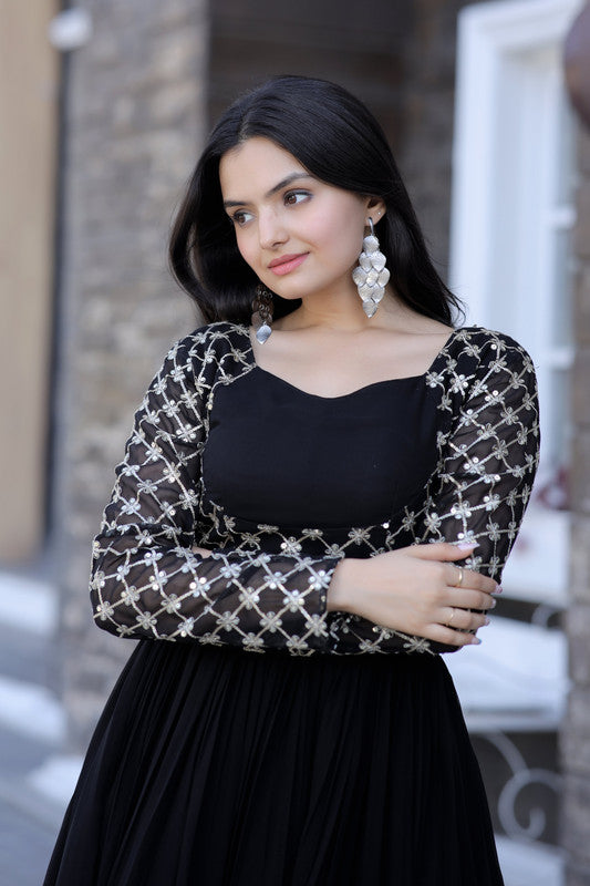 Jyoti Fashion Women's Black Faux Blooming Sequins with Zari Embroidered Anarkali Dress