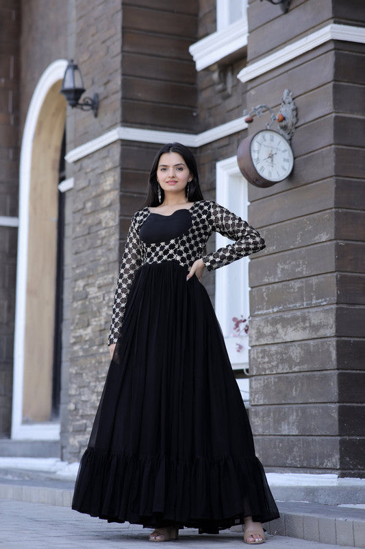 Jyoti Fashion Women's Black Faux Blooming Sequins with Zari Embroidered Anarkali Dress