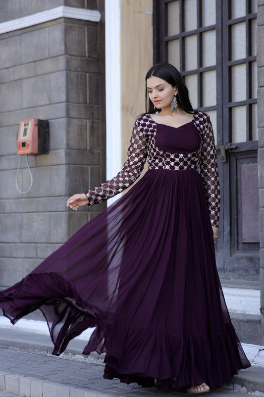 Women's Wine Anarkali Dress with Zari Embroidery & Sequins