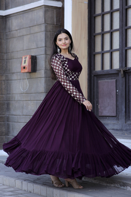 Women's Wine Anarkali Dress with Zari Embroidery & Sequins