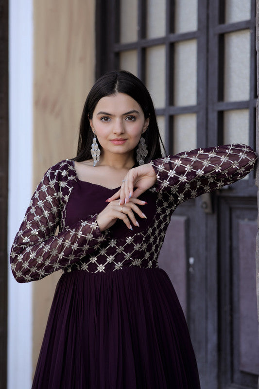Women's Wine Anarkali Dress with Zari Embroidery & Sequins