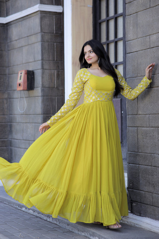 Yellow Faux Blooming Sequins Zari Embroidered Anarkali Dress