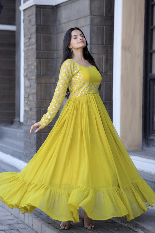 Yellow Faux Blooming Sequins Zari Embroidered Anarkali Dress