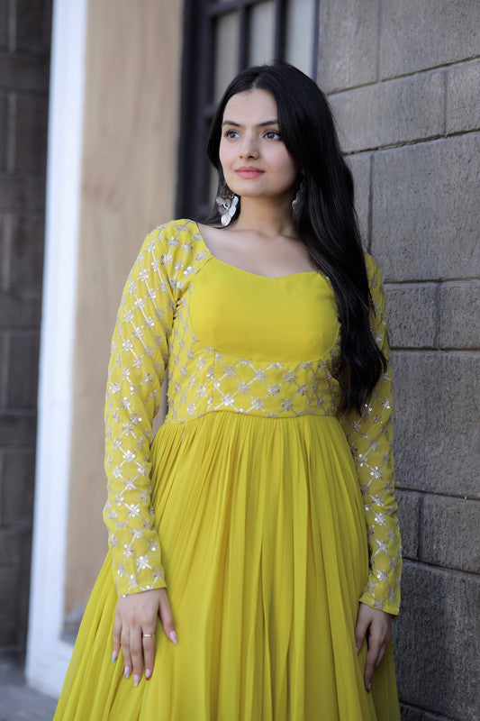 Yellow Faux Blooming Sequins Zari Embroidered Anarkali Dress