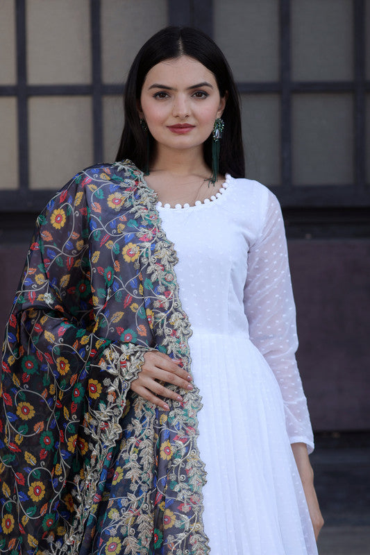 Women's White Georgette Butti Work Anarkali with Dupatta