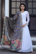 White georgette Anarkali dress with butti work and matching dupatta