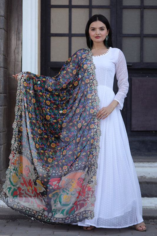 White georgette Anarkali dress with butti work and matching dupatta