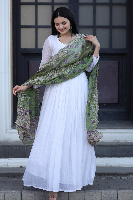 Jyoti Fashion Women's White Georgette Butti work Partywear Anarkali Dress with Dupatta