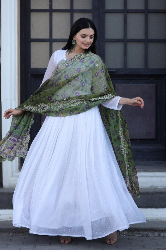 Jyoti Fashion Women's White Georgette Butti work Partywear Anarkali Dress with Dupatta