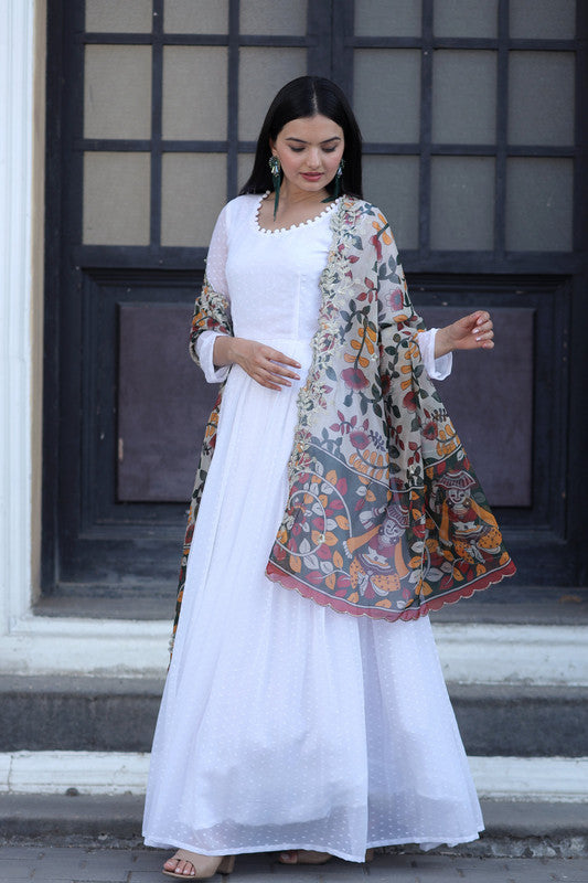 White Georgette Butti Work Partywear Anarkali Dress with Dupatta