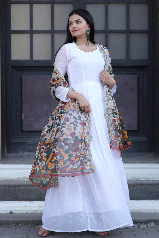 White Georgette Butti Work Partywear Anarkali Dress with Dupatta