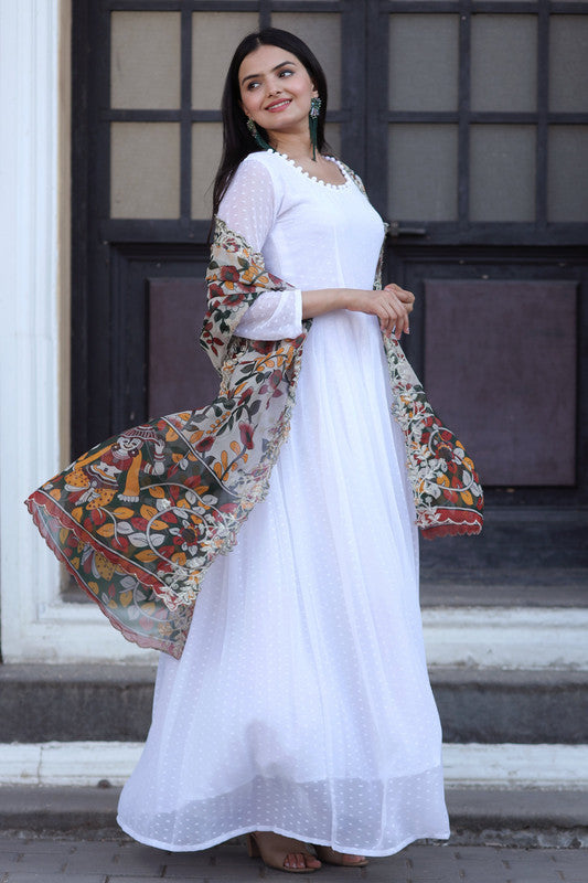 White Georgette Butti Work Partywear Anarkali Dress with Dupatta