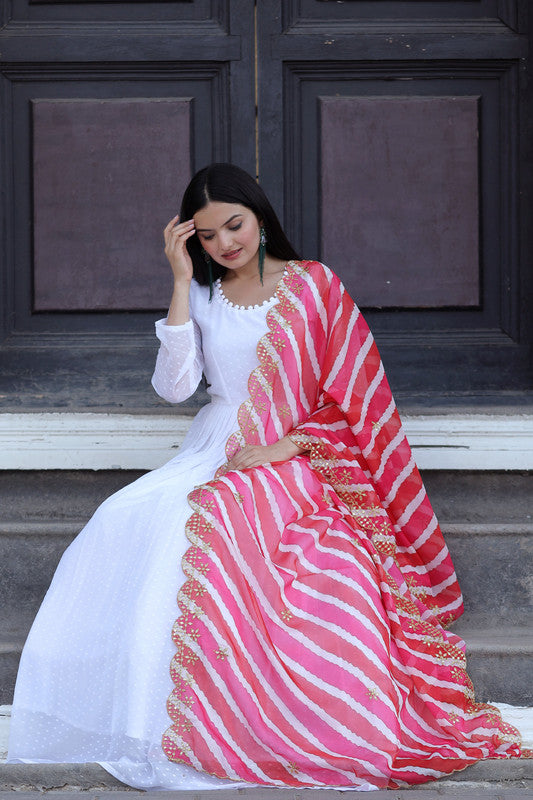 White Georgette Butti Work Partywear Anarkali Dress with Dupatta