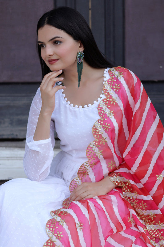 White Georgette Butti Work Partywear Anarkali Dress with Dupatta
