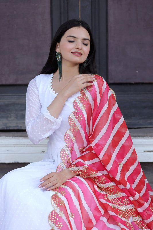 White Georgette Butti Work Partywear Anarkali Dress with Dupatta