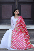 White georgette Anarkali dress featuring delicate butti embroidery and floor-length flare