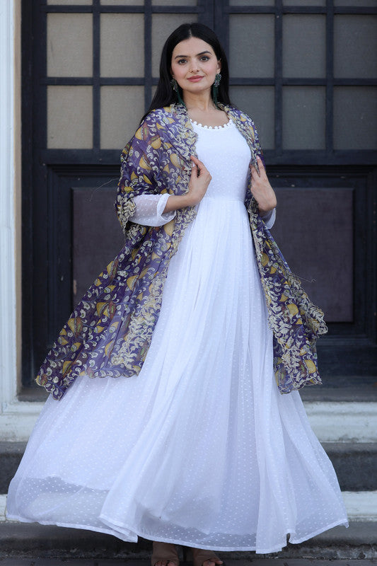 White Georgette Butti Work Floor-Length Anarkali Dress with Dupatta