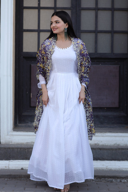 White Georgette Butti Work Floor-Length Anarkali Dress with Dupatta