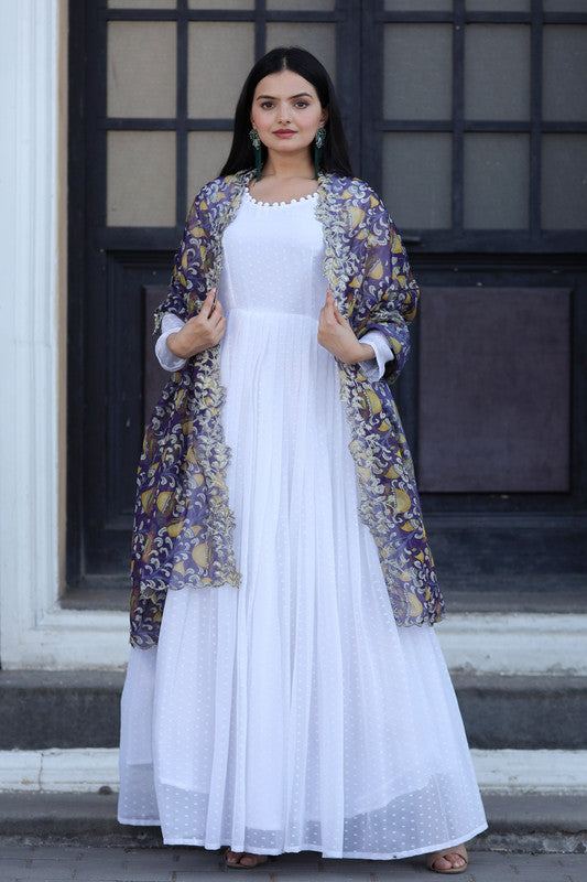 White floor-length georgette Anarkali dress with butti work and matching dupatta