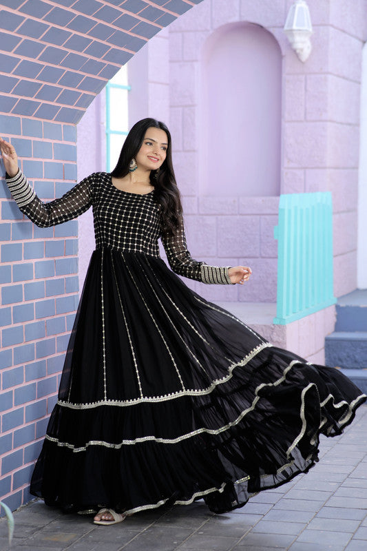 Black Faux Blooming Anarkali Dress with Zari & Sequins Embroidery