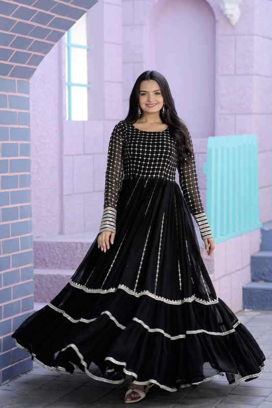 Black Faux Blooming Anarkali Dress with Zari & Sequins Embroidery