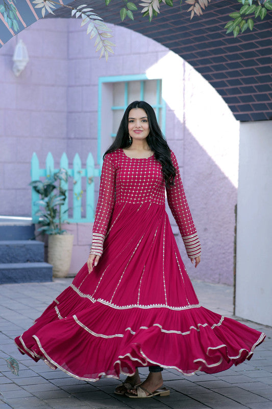 Women's Rani Pink Faux Blooming Sequin Zari Anarkali Dress