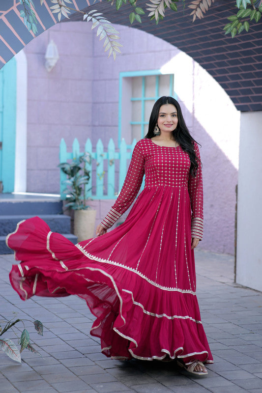 Women's Rani Pink Faux Blooming Sequin Zari Anarkali Dress