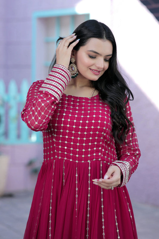 Women's Rani Pink Faux Blooming Sequin Zari Anarkali Dress
