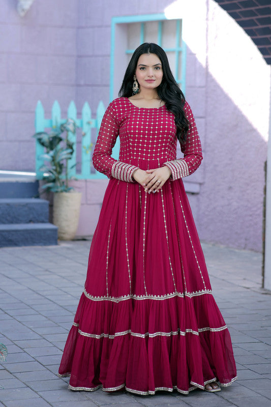 Rani pink faux blooming Anarkali with sequins and zari embroidery
