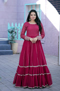 Rani pink faux blooming Anarkali with sequins and zari embroidery